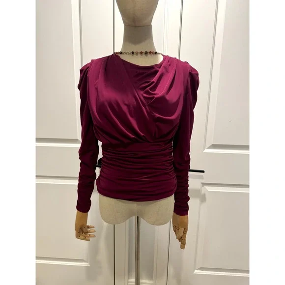Deep Pink Blouse With Ruching, asymetrical, Puffy upper - Picture 2 of 7